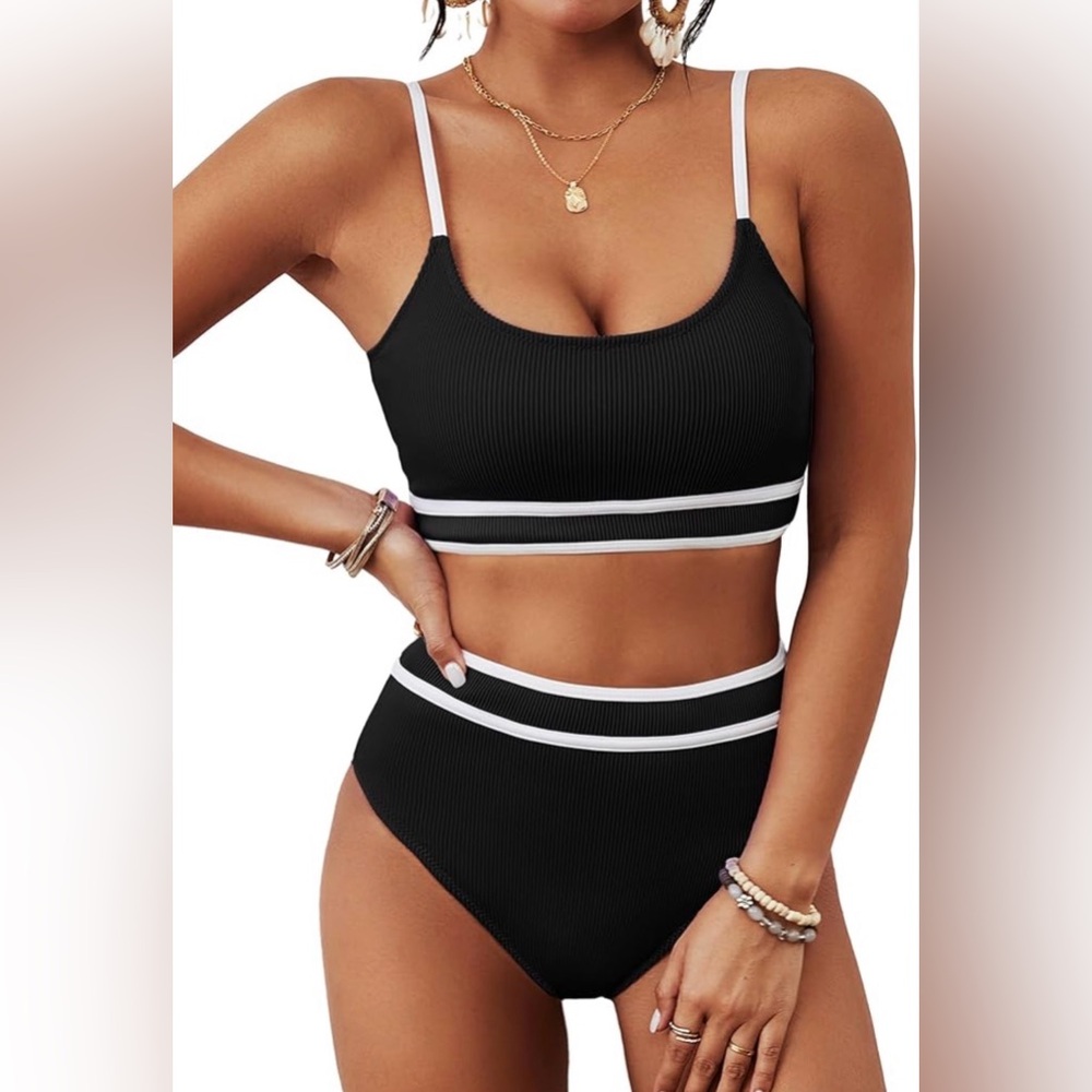 NWT BMJL Women's High Waisted Ribbed Black and White Bikini Size S